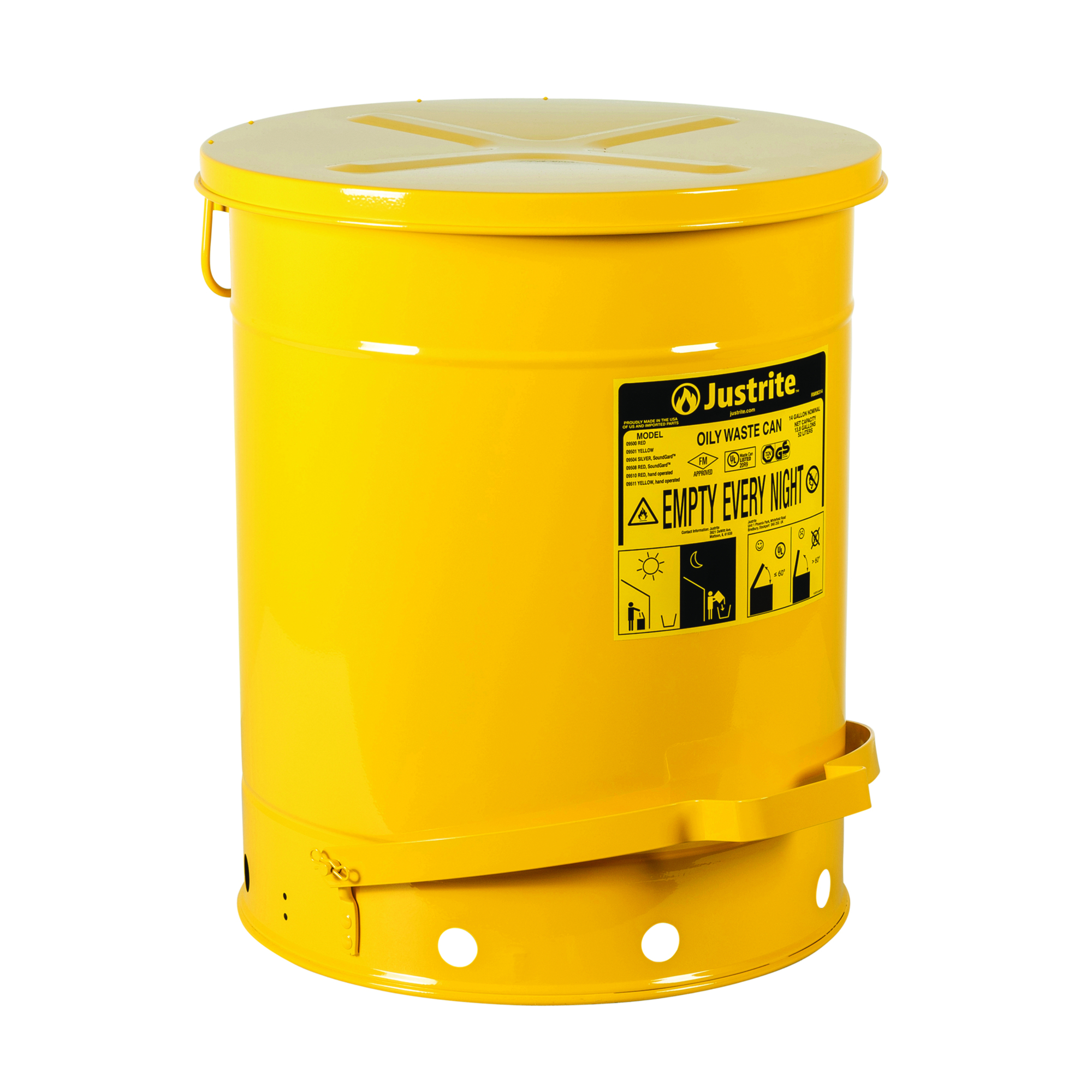 Justrite Oily Waste Can — 14-Gal., Hands-Free, Self-Closing Cover, Yellow, Model# 09501